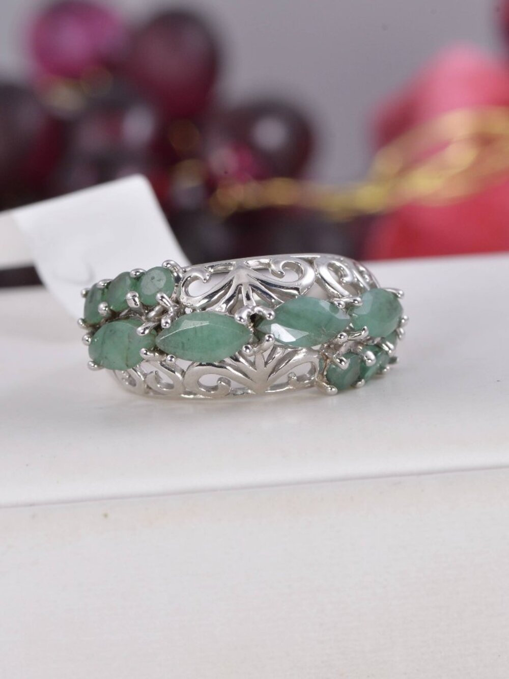 Natural Emerald Pear Cut Band Ring Real 925 Sterling Silver sz 8